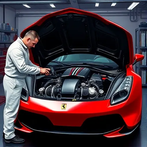 A detailed, realistic illustration of a high-performance garage scene focusing on the open engine bay of a Ferrari 296 GTB hybrid (2022 model) with its 830 hp V6 engine and electric components exposed. A skilled mechanic in a clean jumpsuit is carefully inspecting and repairing the engine, using specialized tools. The background shows a well-organized workshop with subtle lighting highlighting the engine's intricate parts, without any text or branding.
