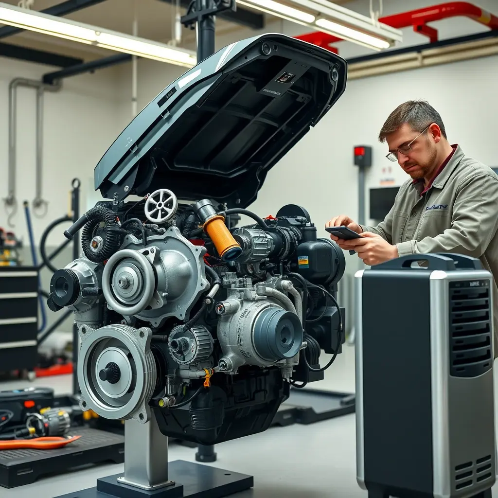 A detailed, realistic scene of a professional mechanic performing a comprehensive overhaul of a Geely Monjaro PHEV 1.5T engine in a clean, well-lit garage. The engine block is open, showing pistons, crankshaft, and turbocharger, with various high‑quality tools and diagnostic equipment arranged neatly around it. The mechanic, wearing a neutral‑colored coverall and safety glasses, is focused on tightening bolts and inspecting components, while a sleek electric motor unit is positioned nearby, indicating the hybrid system. The atmosphere conveys precision, expertise, and the complexity of hybrid engine repair, with no visible text, logos, or brand markings.