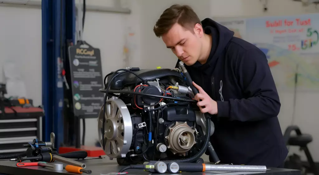 A high-resolution horizontal photo of a skilled mechanic performing a comprehensive overhaul of a Chery car engine in a clean, well-lit workshop. The scene shows the mechanic wearing protective gloves and a safety vest, carefully disassembling engine components on a polished metal workbench. Tools such as wrenches, screwdrivers, and a torque wrench are neatly arranged beside the engine. The background includes a neatly organized workshop with a large window letting in natural light, and a subtle hint of a Chery car chassis in the background. The focus is on the engine parts and the mechanic's hands, with a professional, industrial atmosphere.