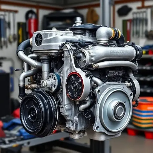 A detailed, high-quality image of a GMC Sierra 1500 3.0 Duramax Diesel engine undergoing a major repair. The engine should be partially disassembled, revealing internal components. Focus on the engine block, turbocharger, and exhaust manifold. Tools and repair equipment should be visible in the background, suggesting a professional mechanic's workshop. The lighting should be bright and focused on the engine.