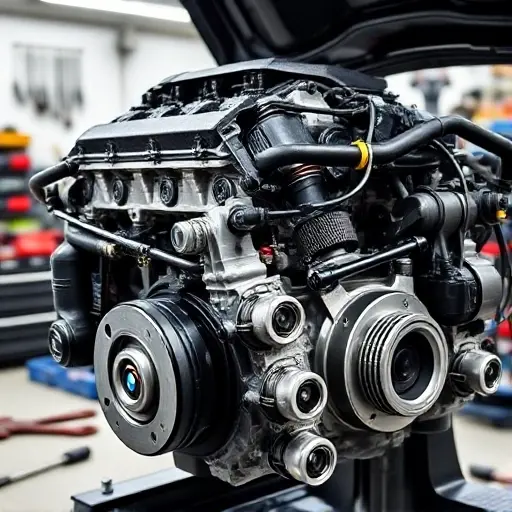 A detailed, high-quality image of a BMW 3er E90 2.0L 122 hp engine undergoing repair. The engine should be partially disassembled, showing various components like the engine block, pistons, and connecting rods. Tools such as wrenches, screwdrivers, and diagnostic equipment should be visible around the engine. The background should be a clean, well-lit workshop environment.