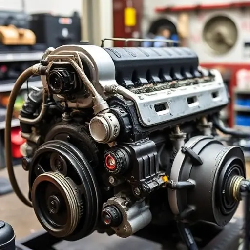 A detailed, high-quality image of a Bentley Arnage 6.75L V8 engine undergoing repair. Focus on the engine block, visible components, and tools being used. The scene should be in a well-lit workshop environment.