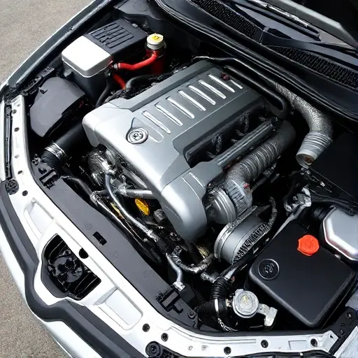 A detailed, high-quality image of the engine bay of a silver Exeed VX 2.0 Turbo, showcasing the engine components, turbocharger, and other mechanical parts. Focus on the engine's intricate details and modern design.