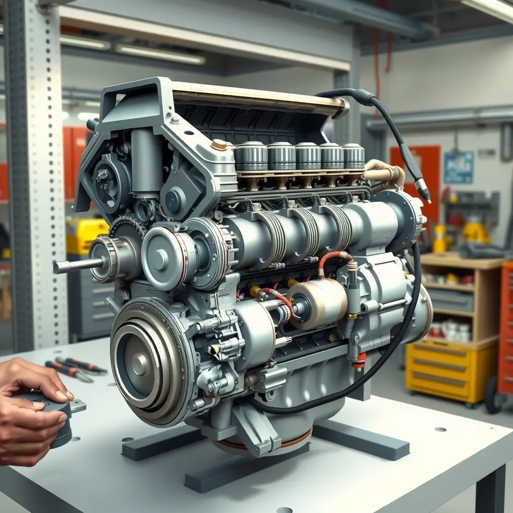 A detailed, high-resolution illustration of a Hummer H2 6.0 V8 engine (2002-2009) opened up on a workbench in a garage, with a mechanic's hands and tools visible as they perform repairs. Show engine components such as pistons, camshaft, and fuel injectors clearly, with realistic lighting and a clean, professional workshop environment.