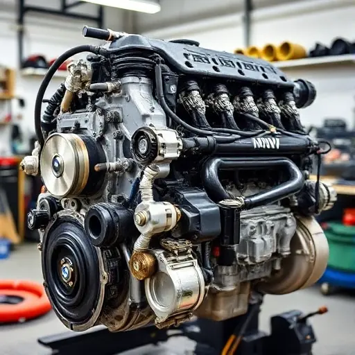 A detailed, high-quality image of a BMW 7er E65 6.0 V12 engine under repair. The engine should be partially disassembled, showing various components and tools. Focus on the engine block, cylinder head, and related parts. The background should be a clean, well-lit workshop environment.