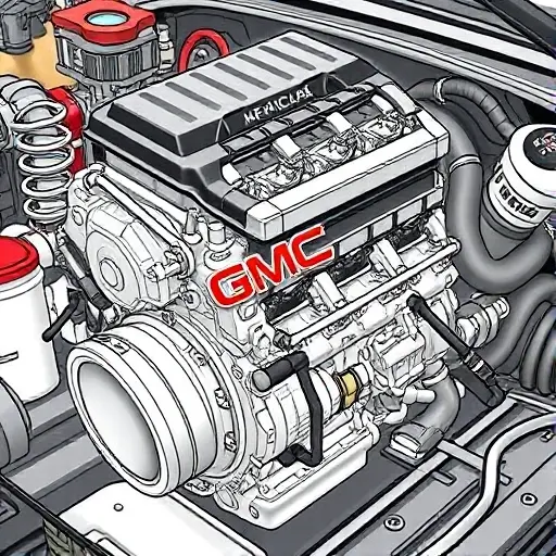 A detailed illustration of a GMC Acadia 3.6 V6 engine undergoing a major repair. Focus on the engine block, visible components, and tools being used. The scene should depict mechanics working on the engine.