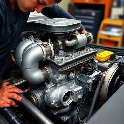 A detailed close-up of a mechanic repairing a 0.66 L Suzuki Turbo engine in a Caterham Seven 160, showing the engine block, turbocharger, and tools, with a workshop background