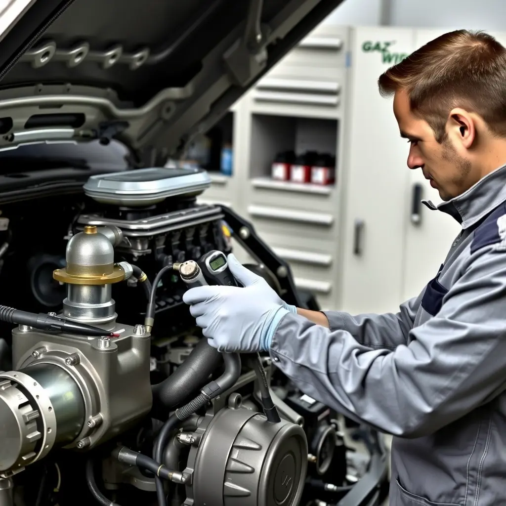 A detailed, realistic scene of a mechanic repairing the 2.8 L gasoline/LPG engine of a GAZelle NEXT van (model 2013‑present). The engine bay is open, showing the engine block, fuel injection components, and LPG system. The mechanic, wearing a clean work uniform and gloves, is using diagnostic tools and a wrench, focused on the engine. The workshop background is tidy with tool cabinets and soft lighting that highlights the metallic surfaces and mechanical details.