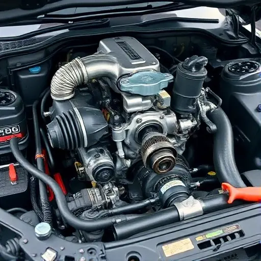 A detailed, high-quality image of a car engine undergoing a major repair. Focus on the engine block, turbocharger, and various components. Show tools and parts scattered around the engine bay. The background should be a clean, well-lit workshop environment.