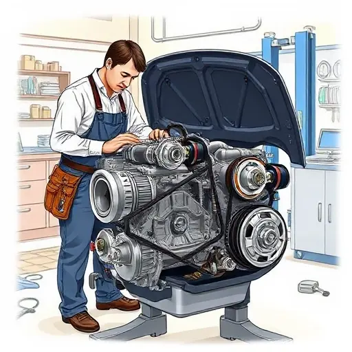 A detailed, realistic illustration of a Buick Enclave 3.6 V6 engine repair scene: a mechanic in a garage, wearing a tool belt, working on an open engine block with visible pistons, crankshaft, and timing belt. The background shows a workbench with scattered automotive tools, a hydraulic lift, and a diagnostic scanner. The focus is on the mechanical components and the repair process, with clear lighting and depth of field to highlight the engine’s internal parts.