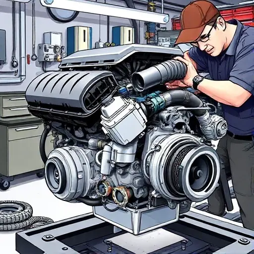 A detailed illustration of a Ford Mustang 2.3 EcoBoost engine undergoing a major repair. Focus on the engine block, turbocharger, and various components being worked on by a mechanic. The scene should be in a well-lit garage setting with tools and equipment visible.