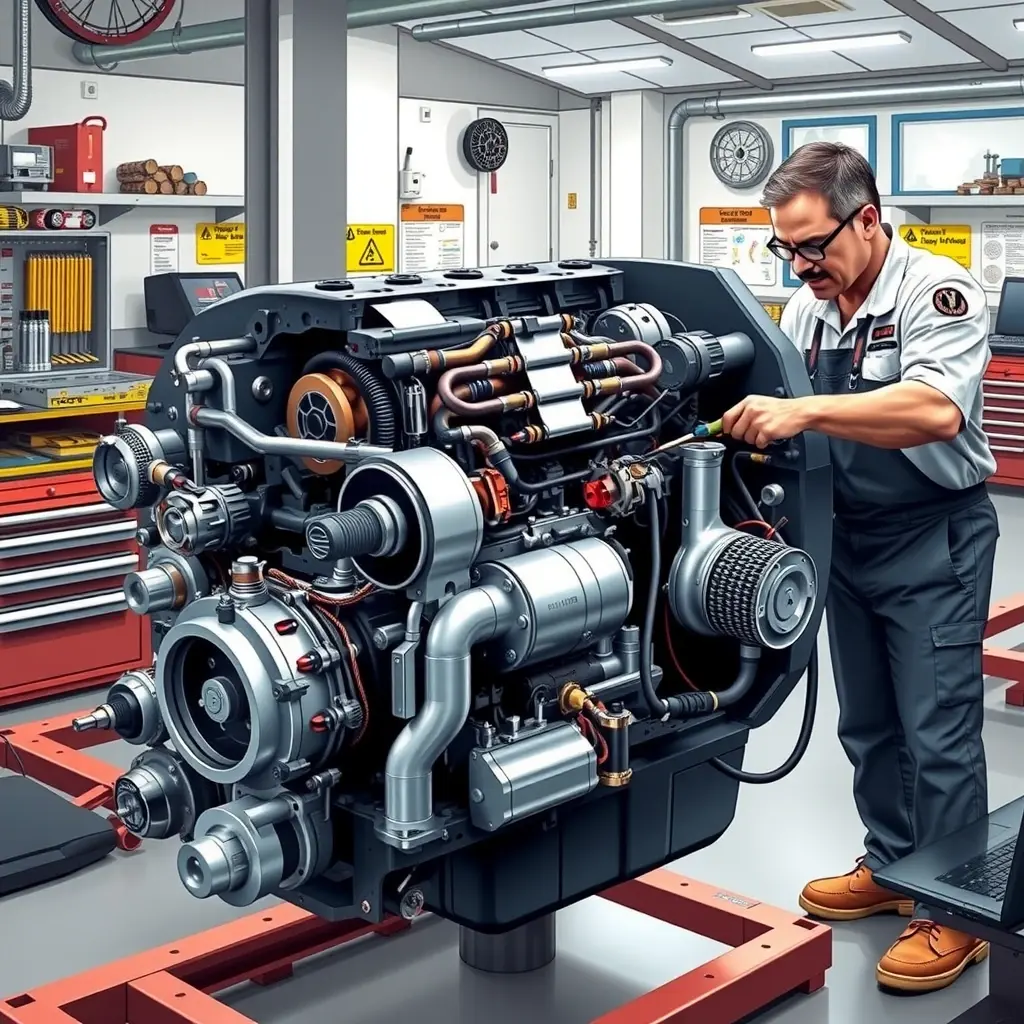 A detailed, high-resolution illustration of a Mahindra XUV700 2.2 diesel engine undergoing a major overhaul in a professional workshop. The engine block is open, showing pistons, crankshaft, fuel injectors, and turbocharger. A skilled mechanic in clean coveralls is using specialized tools to disassemble components, with a diagnostic laptop nearby. The scene includes organized tool racks, safety signs, and a well-lit environment, emphasizing precision engineering and mechanical craftsmanship.