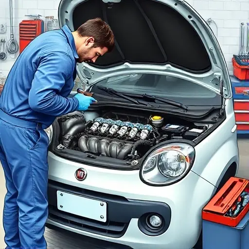 A detailed illustration of a mechanic in a clean garage, focused on repairing the engine of a small compact car resembling a Fiat Panda 2010s model. The open hood reveals the 1.2 L engine block with visible pistons, spark plugs, and fuel injectors. The mechanic wears a blue jumpsuit and gloves, using a wrench and diagnostic tool, while a toolbox and spare parts are arranged nearby. Soft lighting highlights the metallic surfaces and the careful work being performed.