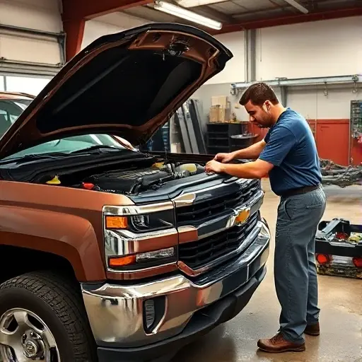 A mechanic in a garage, wearing coveralls, working on the engine of a Chevrolet Silverado 1500 5.3 V8 355 hp, with the hood open, engine block exposed, tools scattered, a workbench, and a car chassis in the background