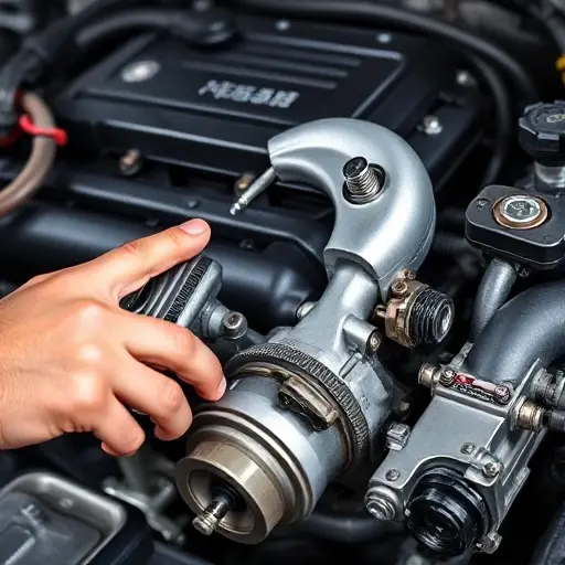 A close-up of a mechanic's hands working on a Changan CS35 Plus 1.4 Turbo engine, showing the engine block, turbocharger, and various tools such as wrenches and screwdrivers, with a focus on mechanical details and precision, no text or logos