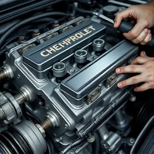 A detailed, close-up view of a Chevrolet Impala V6 engine being repaired, showing the engine block, pistons, and a mechanic's hands with tools, in a workshop setting, focusing on mechanical details and precision.