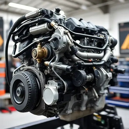 A detailed, high-quality image of a Ford Focus ST 2.3 EcoBoost engine undergoing a major repair. The engine should be partially disassembled, revealing intricate components. Focus on the mechanics and tools involved in the repair process. The background should be a clean, well-lit workshop environment.