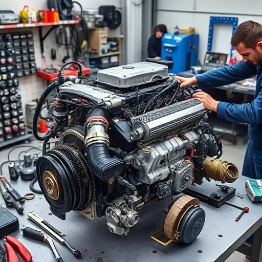 A detailed workshop scene showing a mechanic repairing a hybrid car engine, with visible internal combustion components and electric motor parts, surrounded by tools, diagnostic equipment, and engine parts on a clean workbench, emphasizing the technical process of engine overhaul and electric motor integration