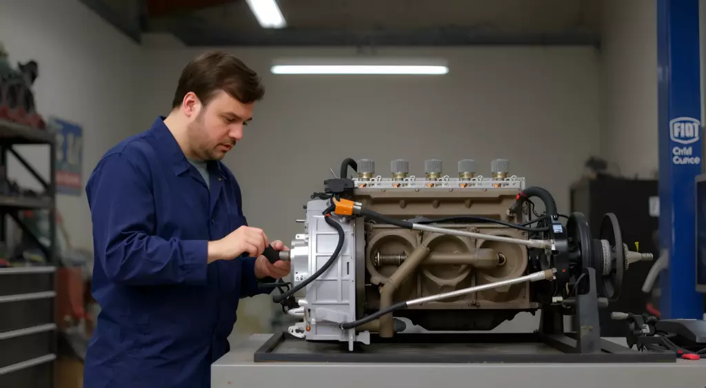 A high-resolution horizontal photo of a skilled mechanic in a clean workshop, wearing a blue coverall, working on a Fiat engine on a metal workbench. The engine is partially disassembled, with visible pistons and crankshaft. The background shows organized tools, a bright overhead light, and a subtle company logo on a wall. The scene conveys professionalism and precision.