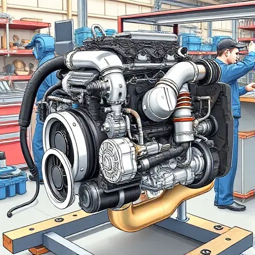 A detailed illustration of a Dacia Duster 1.5 dCi 115 hp engine undergoing a major repair. The engine should be shown with visible components, tools, and technicians working on it in a workshop setting. Focus on the engine block, turbocharger, and exhaust system.