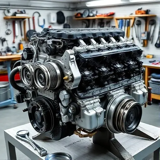 A detailed close-up of a BMW E38 7 Series 2.8L inline-six engine undergoing major repair, showing disassembled components like pistons, crankshaft, cylinder head, and gaskets laid out neatly on a clean workbench under bright workshop lighting, with tools such as torque wrenches, micrometers, and engine stands visible in the background, emphasizing precision and mechanical craftsmanship