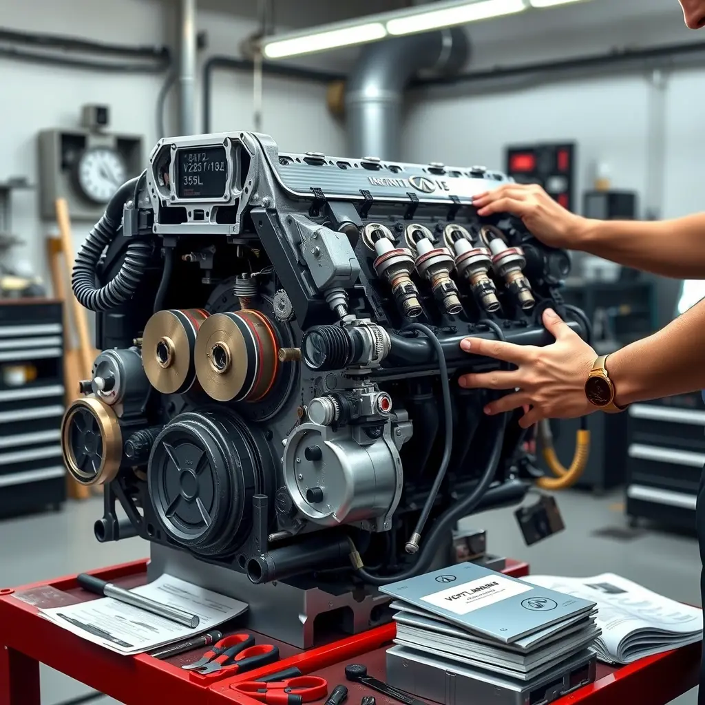 A detailed, realistic scene of a professional mechanic repairing the V6 3.5L engine of an Infiniti QX60. The engine block is open, showing pistons, timing chain, and spark plugs, with diagnostic tools, wrenches, and a service manual spread on a clean workbench. The setting is a well-lit, organized garage with subtle reflections on metal surfaces, emphasizing precision and technical expertise.