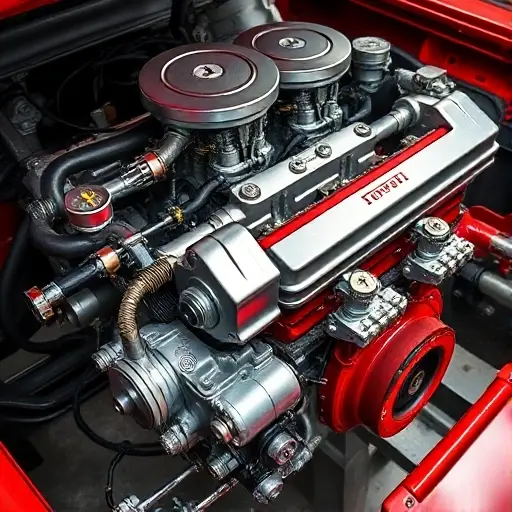 A detailed, high-quality image of a Ferrari 296 GTB engine undergoing a major overhaul. The engine should be prominently displayed, showcasing its hybrid components and intricate mechanical details. Focus on the engine's complexity and the precision of the repair work.