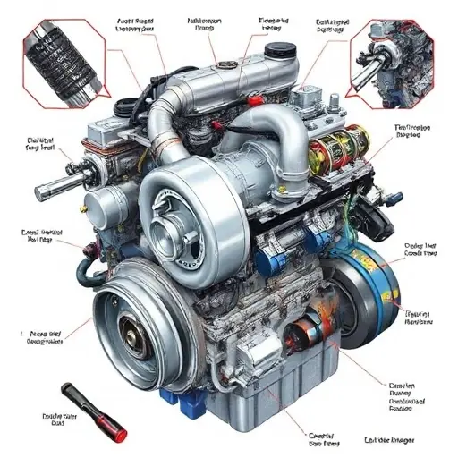 A detailed illustration of a Daihatsu Move 0.66 L Turbo engine undergoing a major repair. Focus on the engine block, turbocharger, and associated components. Show tools and parts being used during the repair process.