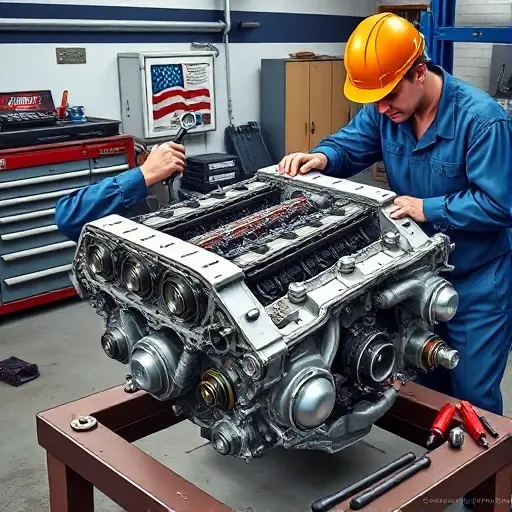 A detailed, realistic illustration of a mechanic repairing a 2008 Chevrolet Corvette C6 6.2 V8 LS3 engine. The scene shows the engine block exposed on a workbench, with visible pistons, crankshaft, and cylinder heads. The mechanic, wearing a blue coveralls and a safety helmet, is using a torque wrench and a set of engine tools. The background includes a garage setting with a toolbox, a hydraulic lift, and a neatly organized workspace. The focus is on the mechanical details, the engine's metallic surfaces, and the tools, all rendered with high realism and depth.