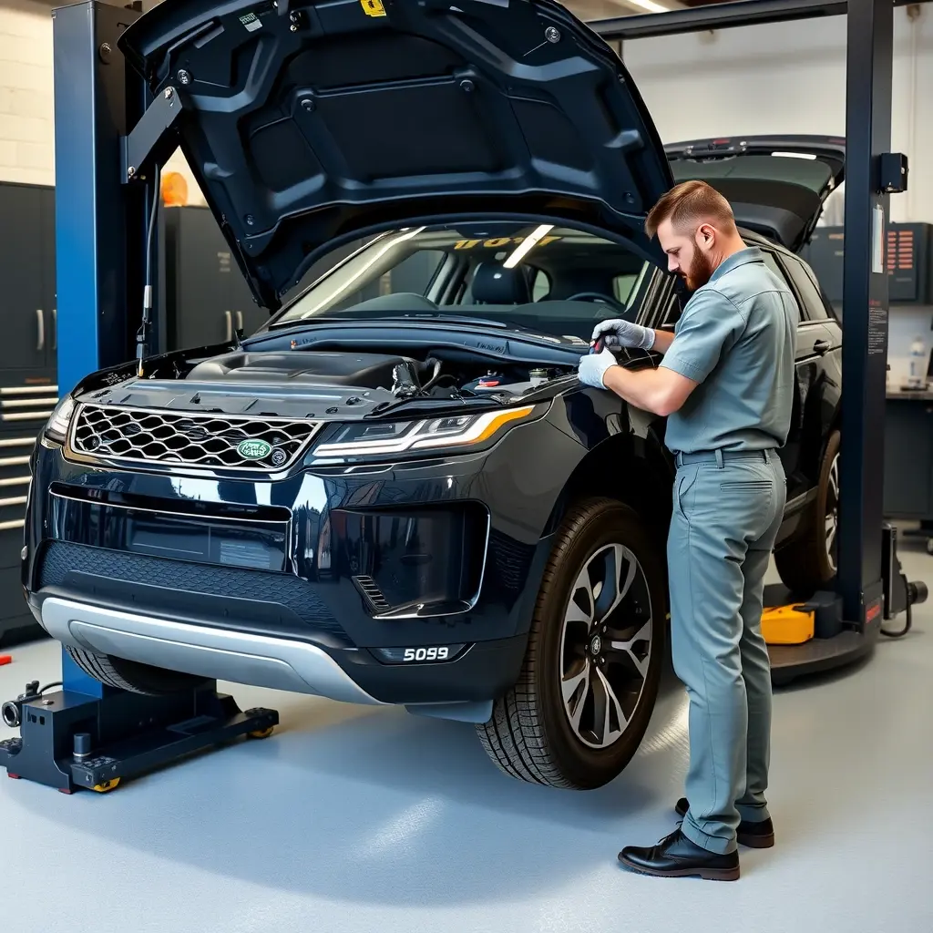 A detailed, high-resolution scene of a professional mechanic repairing the engine of a 2020 Range Rover Evoque PHEV with 309 hp. The car is lifted on a service lift, the hood is open, revealing the hybrid powertrain components. The mechanic, wearing a clean work uniform and gloves, is using specialized tools to inspect and replace parts of the engine. The workshop background is organized with tool cabinets, diagnostic equipment, and a clean floor, emphasizing a realistic automotive service environment.