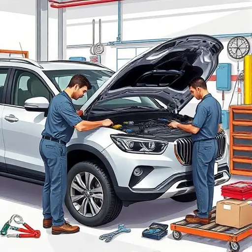 A realistic workshop scene showing a mechanic repairing the engine of a modern SUV, with visible engine components, tools, and a partially opened engine bay, all in a detailed, high-quality illustration.