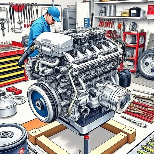 A detailed illustration of a Ford Fiesta 1.1L 75hp engine undergoing a major repair. The engine should be shown with visible components, tools, and technicians working on it. Focus on the engine block, cylinder head, and associated parts. The scene should depict a workshop environment with various automotive tools and equipment.