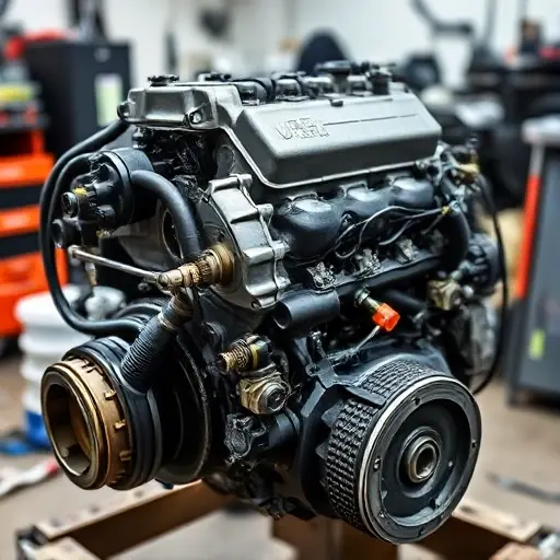 A detailed, high-quality image of a Dacia Jogger Hybrid 140 engine undergoing a major repair. Focus on the engine block, visible components, and tools being used. The scene should be in a well-lit workshop environment.