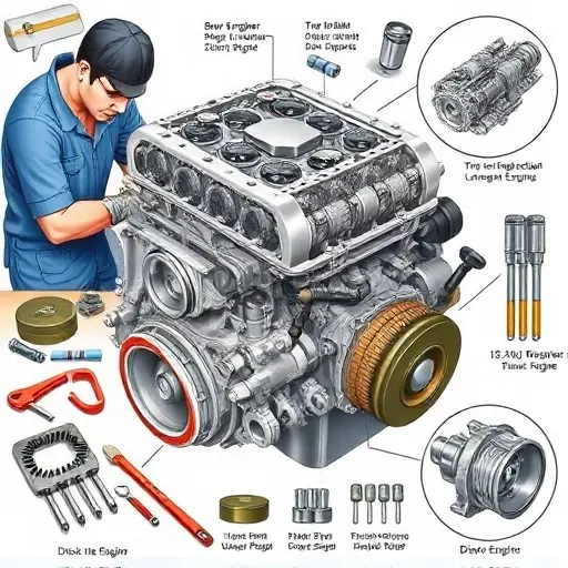 A detailed illustration of a diesel engine repair process, focusing on the engine block and surrounding components. Show a mechanic working on the engine, tools laid out, and close-ups of specific parts like fuel injectors or pistons. The engine should be a BAW Yongshi 2.8L diesel engine, model years 2007-present.