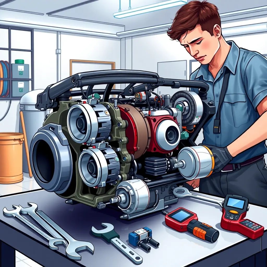 A detailed, high-resolution illustration of a mechanic in a clean garage environment working on the 1.5L turbocharged engine of a Haval F7 (model years 2018 to present). The engine is partially disassembled, showing pistons, turbocharger, and fuel injection components, with professional tools (wrenches, diagnostic scanner) laid out on a workbench. The scene emphasizes the technical aspects of engine repair, with realistic lighting and a focus on mechanical details, without any text or branding.