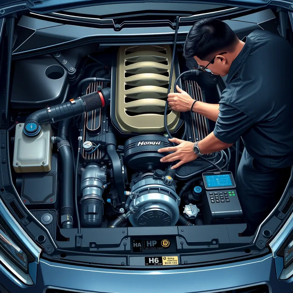 A detailed, high-resolution illustration of a mechanic repairing the 3.0 V6 supercharged engine of a Hongqi H9 (2020 model) inside the car's engine bay. The scene shows the engine components, turbocharger, and diagnostic tools, with realistic lighting and metallic textures, focusing on the mechanical work without any text or branding overlays.