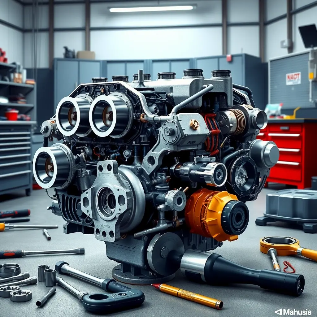 A high-detail, realistic illustration of a Marussia B1 2.8 Turbo Cosworth engine undergoing a complete overhaul in a workshop. The engine block is open, showing pistons, crankshaft, turbocharger, and internal components arranged neatly. Professional mechanic tools such as torque wrenches, socket sets, and cleaning equipment are scattered around. The lighting is bright and focused, highlighting the metallic surfaces and the intricate engineering details. The background shows a clean, organized garage environment with workbenches and tool cabinets, but no visible text or branding.