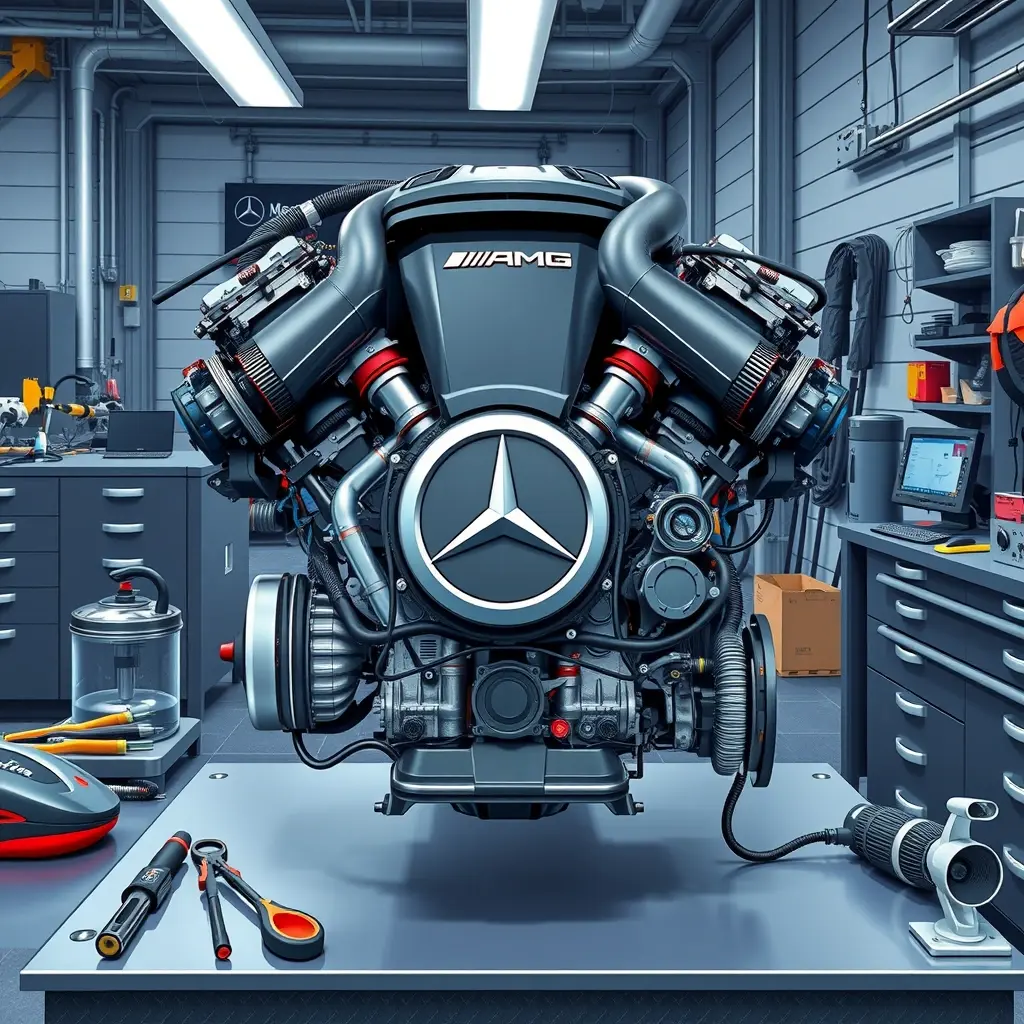 A highly detailed, realistic HD-HQ illustration of a Mercedes-Benz C 63 S AMG engine on a professional garage workbench, surrounded by precision tools, diagnostic equipment, and engine components, with a clean, well-lit workshop background showing a mechanic's hands working on the engine, emphasizing the intricate mechanical parts and the process of a complete engine overhaul