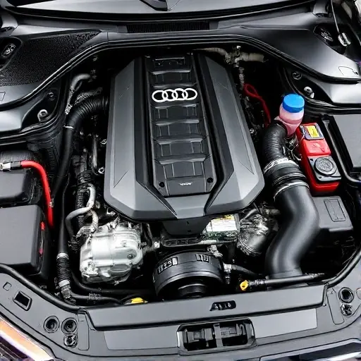 A detailed, high-quality image of the engine bay of a 2018-present Audi A7 with a 2.0 TFSI 252 hp engine undergoing engine repair. Focus on the engine components, tools, and repair work being done. The image should showcase the complexity of the engine and the precision required for the repair.