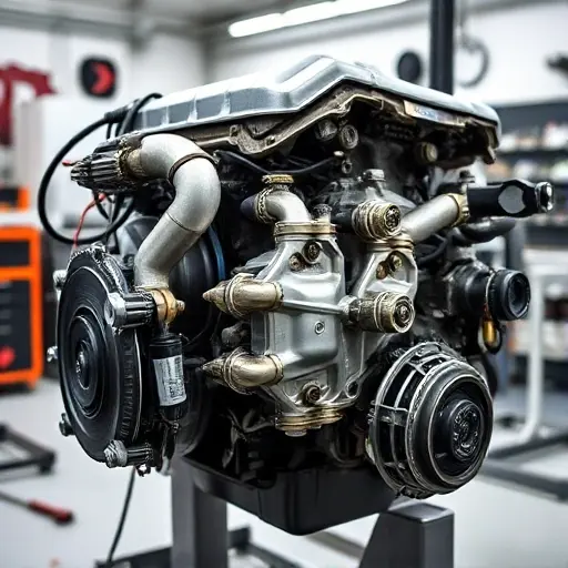 A detailed, high-quality image of a Haval F7 1.5 Turbo engine undergoing a major repair. The engine should be partially disassembled, revealing intricate components. Focus on the mechanics and tools involved in the repair process. The background should be a clean, well-lit workshop environment.