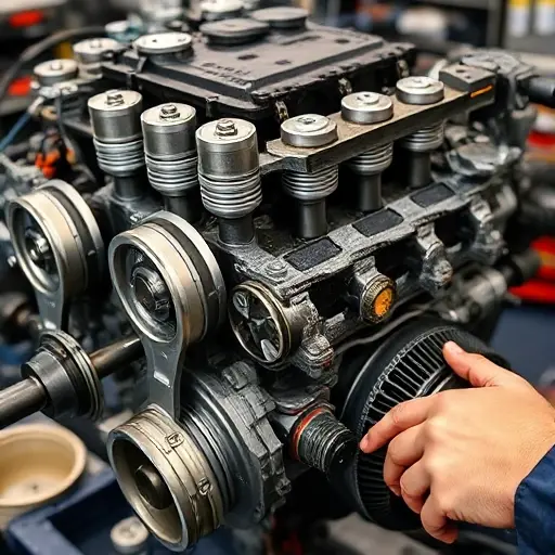 A detailed close-up of a Daewoo Leganza 2.0L engine disassembled for repair, showing pistons, crankshaft, oil filter, and other internal components, with a mechanic's hands and tools in the foreground, all set in a workshop environment, no text, letters, or digits visible