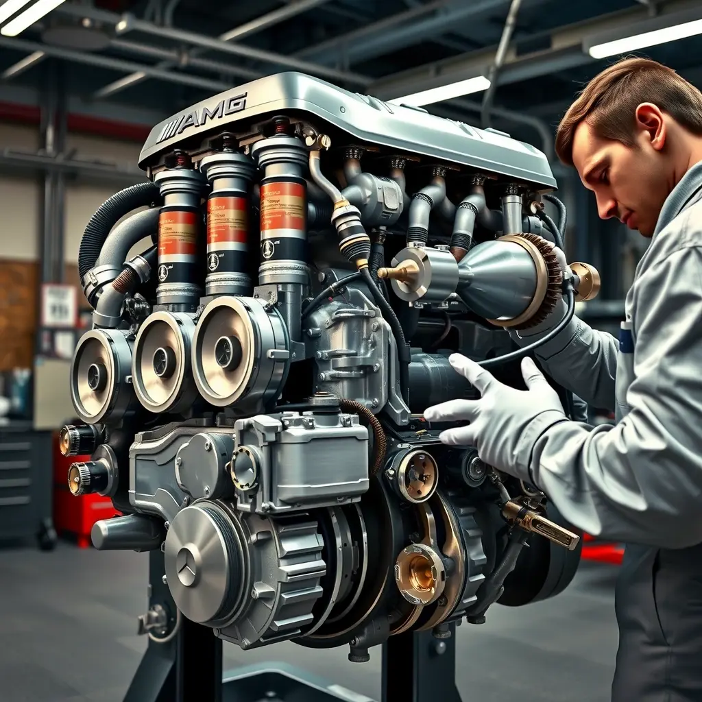 A high-detail, realistic illustration of a Mercedes-Benz C 43 AMG 2.0 Turbo engine undergoing a complete overhaul in a professional workshop. The engine block is open, showing pistons, turbocharger, camshafts, and internal components, with a mechanic in clean coveralls using precision tools. The scene is well-lit, focusing on metallic textures, oil stains, and the intricate machinery, captured in HD-HQ quality.