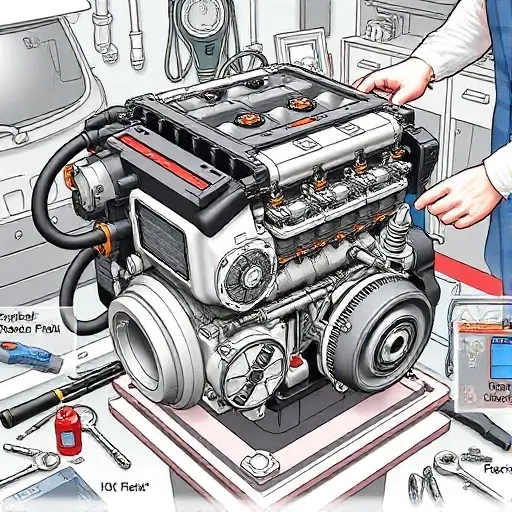 A detailed illustration of a Chevrolet Aveo 1.4L 103 hp engine undergoing a major repair. The engine should be shown with visible components like the block, cylinder head, and various parts being worked on by a mechanic. Tools such as wrenches, screwdrivers, and diagnostic equipment should be present. The scene should depict a workshop environment with tools and parts scattered around.