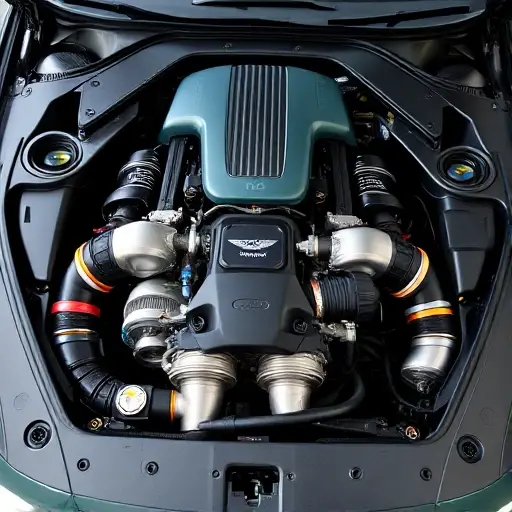 A detailed, high-quality image of the engine bay of an Aston Martin DBX 4.0 L V8 Twin Turbo. Focus on the engine components, showcasing the intricate details of the engine, turbochargers, and exhaust system. The lighting should be realistic, highlighting the metallic surfaces and engine components.