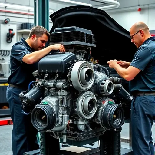 A detailed, realistic image of a mechanic working on the engine of an Aston Martin DB11. The engine should be prominently displayed, showcasing its twin-turbo V8 configuration. The mechanic is wearing professional attire and using specialized tools. The background should be a clean, modern automotive repair shop. Focus on the engine's components and the precision of the repair process.