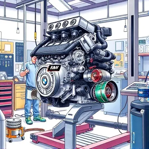 A detailed illustration of a mechanic performing a major engine overhaul on a BMW 1 Series E81 2.0L 170 hp engine from 2006, showing the engine on a lift in a clean garage, surrounded by professional tools, diagnostic equipment, and engine components such as pistons, camshaft, and timing chain, with realistic lighting and focus on the mechanical work.