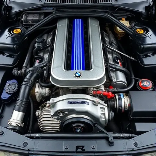 A detailed, high-quality image of a BMW 8er E31 5.6 V12 engine bay. Focus on the engine components, showcasing the V12 configuration, intricate details of the engine block, and high-performance elements. The lighting should be realistic, highlighting the engine's textures and metallic surfaces.