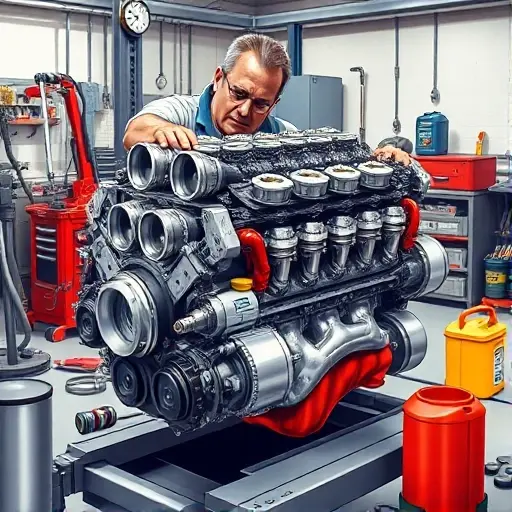A detailed, realistic illustration of a skilled mechanic in a clean workshop, carefully disassembling and repairing the 6.0 L V12 engine of a Ferrari Enzo (model years 2002‑2004). The engine block is prominently displayed with visible pistons, camshafts, and exhaust manifolds, surrounded by professional tools such as torque wrenches, diagnostic equipment, and oil cans. The lighting highlights the metallic surfaces and the precision of the work, conveying high‑performance engineering and meticulous craftsmanship.