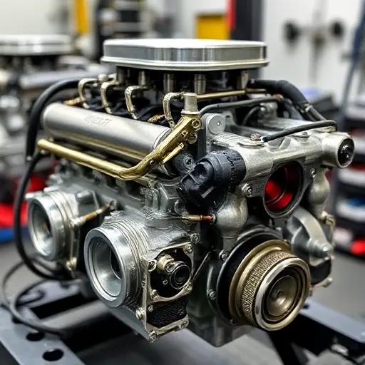 A detailed, high-quality image of a Ginetta G40 engine undergoing a major overhaul. The engine should be prominently displayed, showcasing the internal components and the repair work being done. Focus on precision and mechanical detail.
