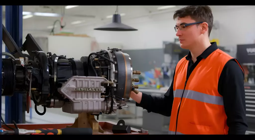 A high-resolution, horizontal photo of a professional automotive workshop scene. In the foreground, a skilled mechanic in a reflective safety vest and goggles is actively working on a large car engine mounted on a hydraulic lift. The engine is partially disassembled, with visible pistons, crankshaft, and oil pan. Surrounding the engine are neatly arranged tools: a torque wrench, a socket set, a screwdriver, and a set of wrenches. The background shows a clean, organized workshop with metal workbenches, a large overhead light, and a wall-mounted toolbox. The lighting is bright and evenly distributed, highlighting the metallic surfaces and the mechanic’s focused expression. No text, logos, or brand names are present in the image.